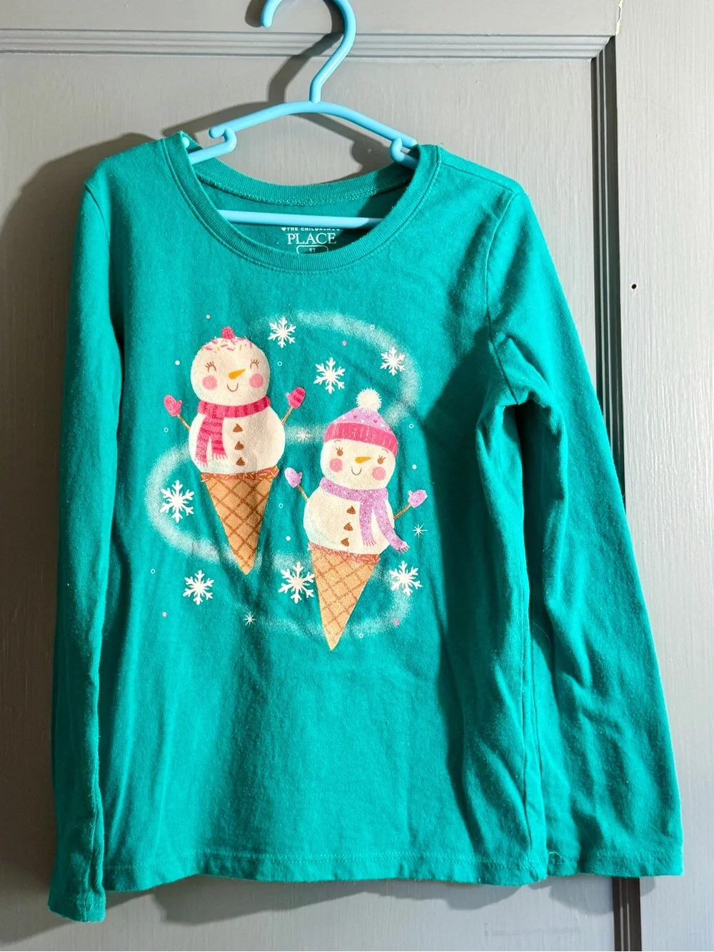The Children's Place Teal Long Sleeve Tee with Snowman Ice Cream Graphic